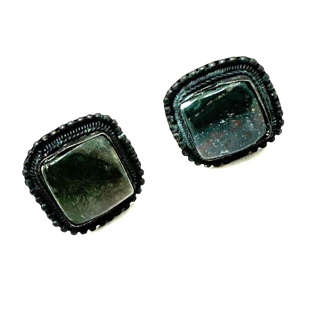 Vintage Bijoux Terner Moss Agate Earrings Dark Blue Green Stone Clip On 1 1/4